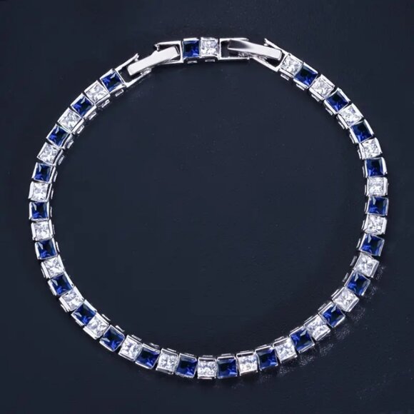 14K White Gold Mens 2ct Blue Sapphire Gemstone 1ct Diamond Tennis Bracelet NEW